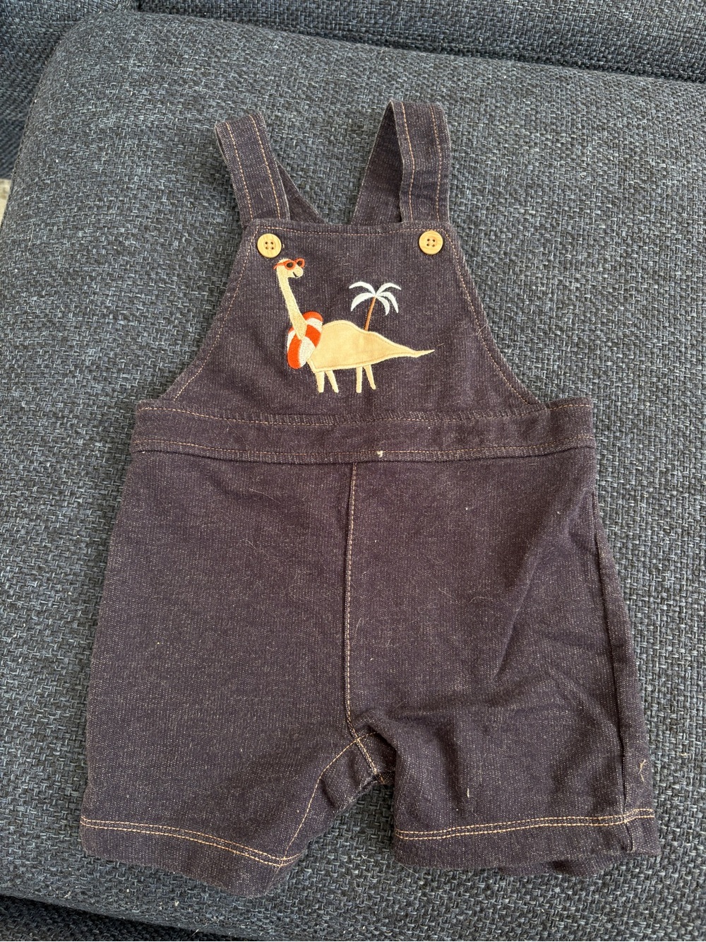 Kids Brown Dino Embroidered Short Overalls